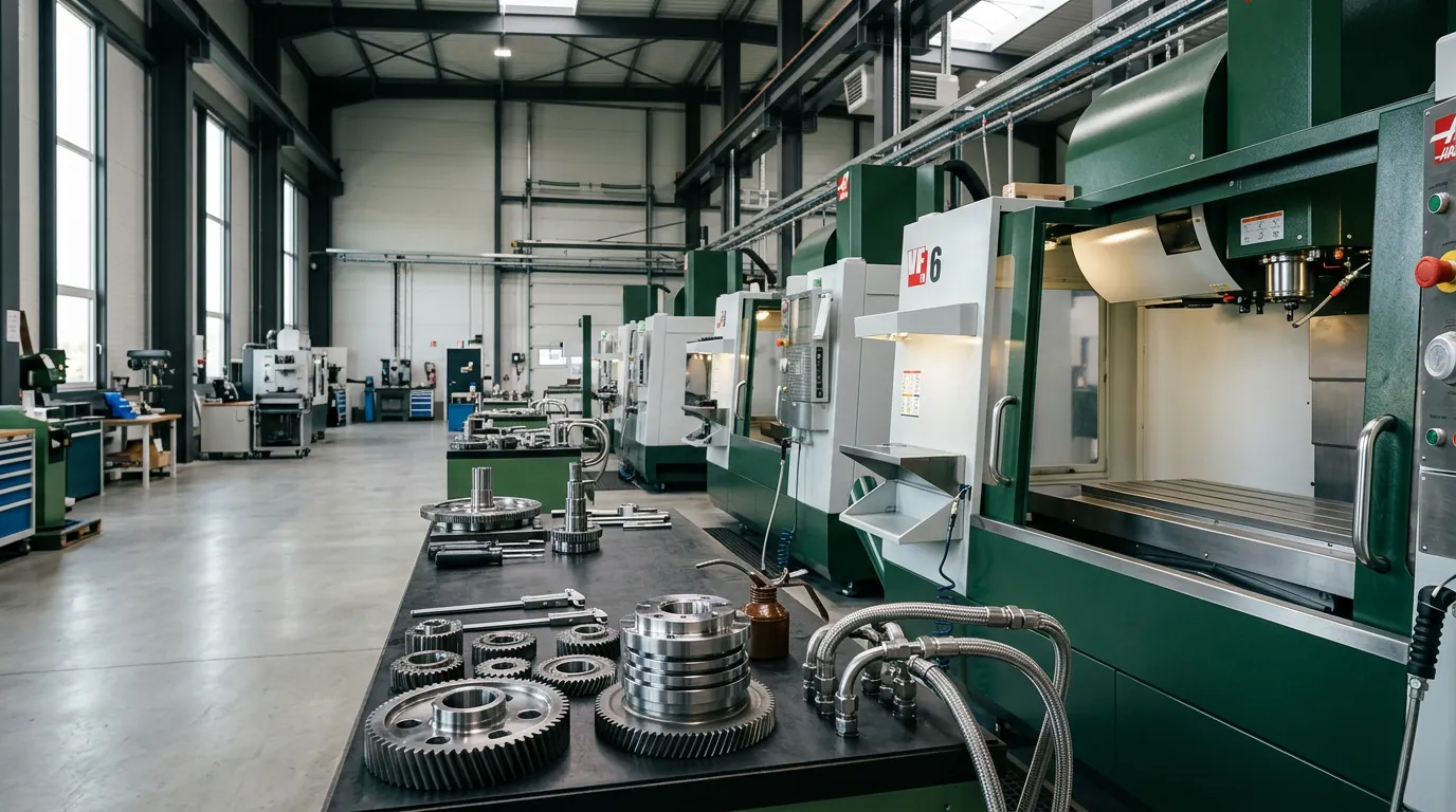 Metal üretim tesisinde endüstriyel makineler ve hassas işlenmiş çelik dişliler