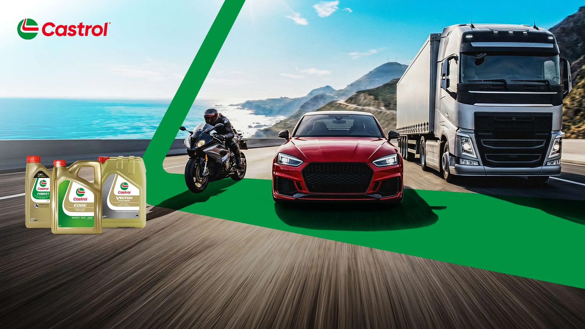 Castrol motor yağları ile yolda motosiklet, otomobil ve kamyon